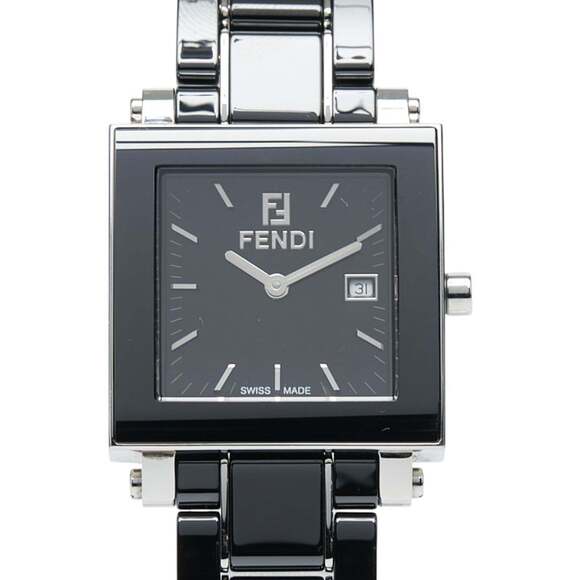 Fendi Quadro Watch 6200G Quartz Black Dial Ceramic Stainless Steel Men's FENDI